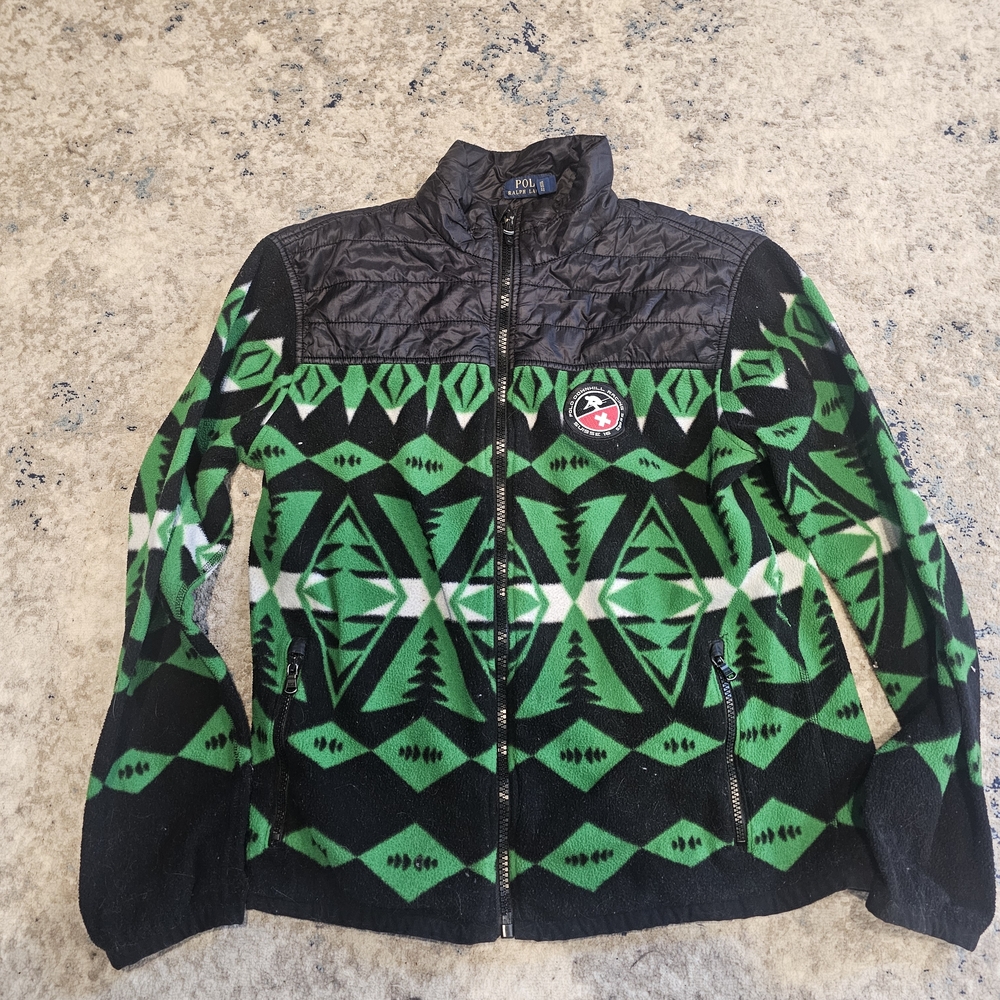 Polo by Ralph Lauren Green and Black Aztec-Pattern Pea Coat
